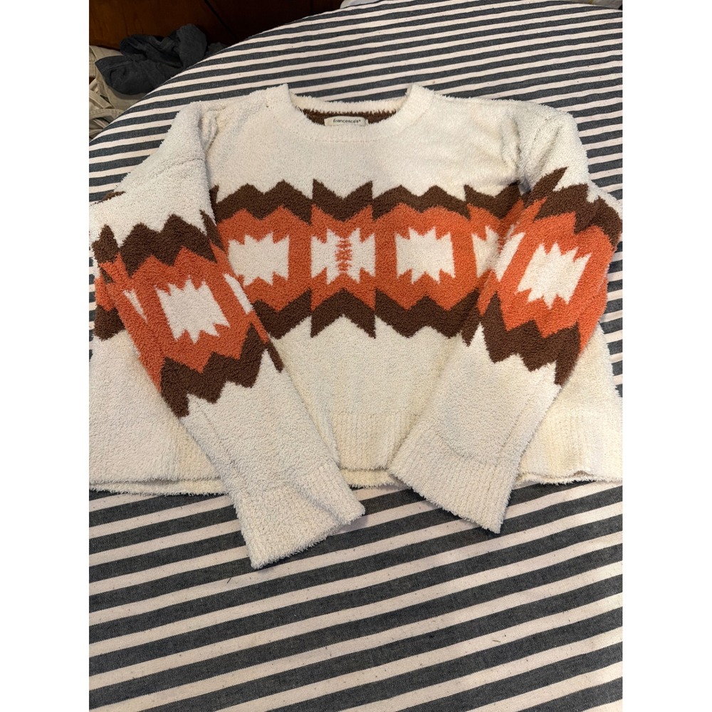 Francesca's Womens Large Fuzzy Southwestern Geometric Pullover Sweater